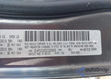 2016 Dodge Journey Crossroad z USA, uszkodzony, nr VIN 3C4PDCGG5GT228242